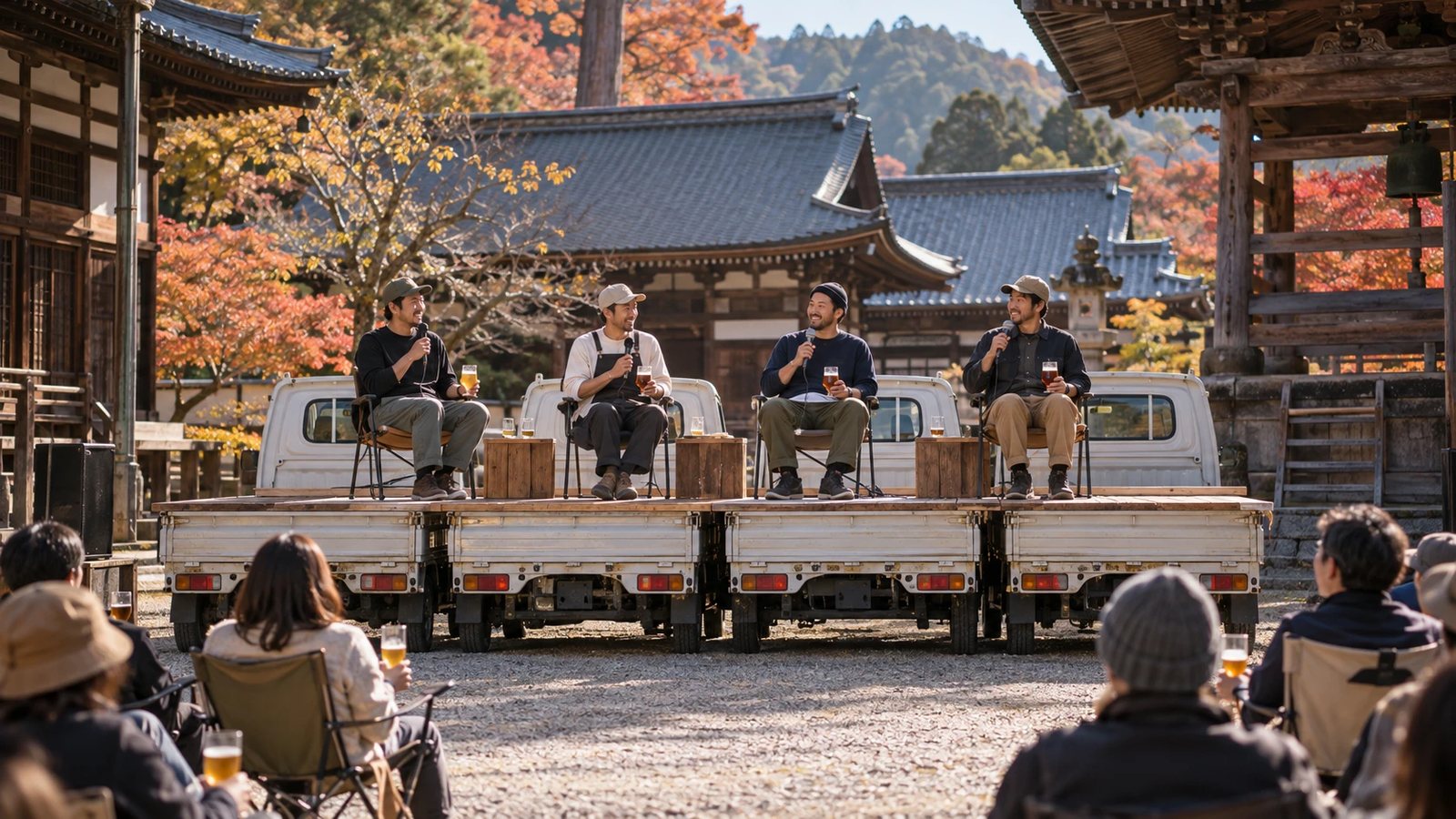 お寺の境内で、ブルワーたちがビールを片手に語り合うイメージ