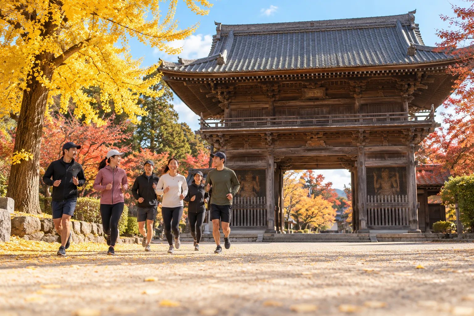 紅葉の山門の前を、笑顔で会話しながら走るランナーたち