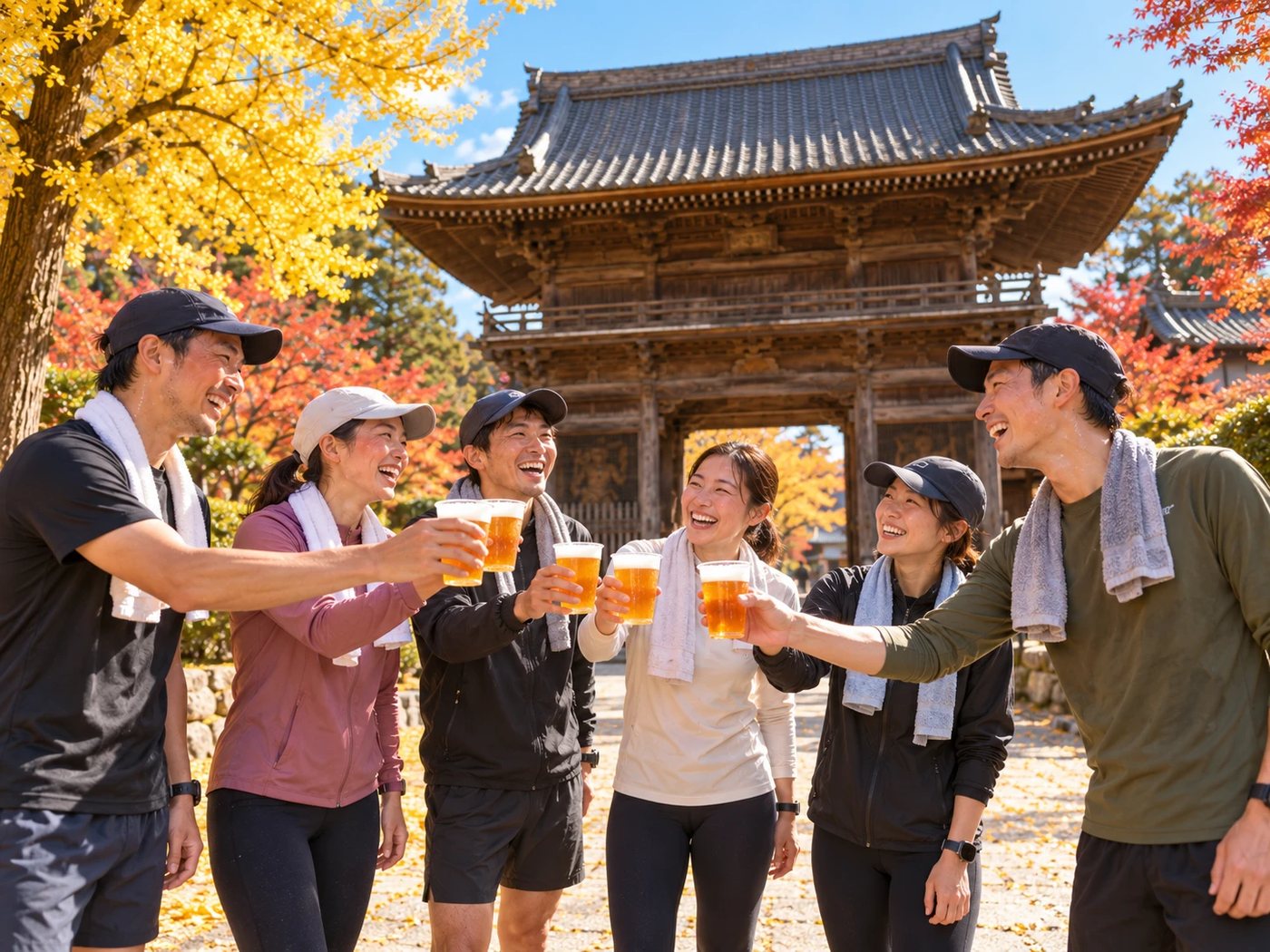 走り終えたランナーたちが、笑顔でビールのカップを掲げて乾杯している